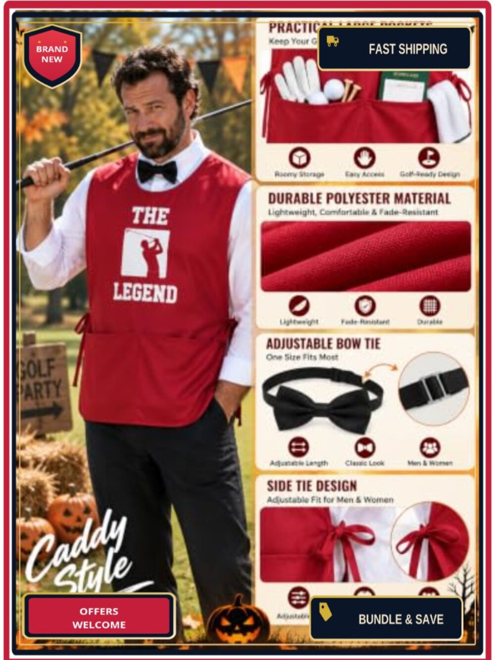 Golf Caddy Halloween Costume Set Red Caddie Outfit Bow Tie Adult - Picture 2 of 5